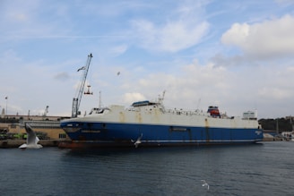 Large blue and white cargo ship docked at port.