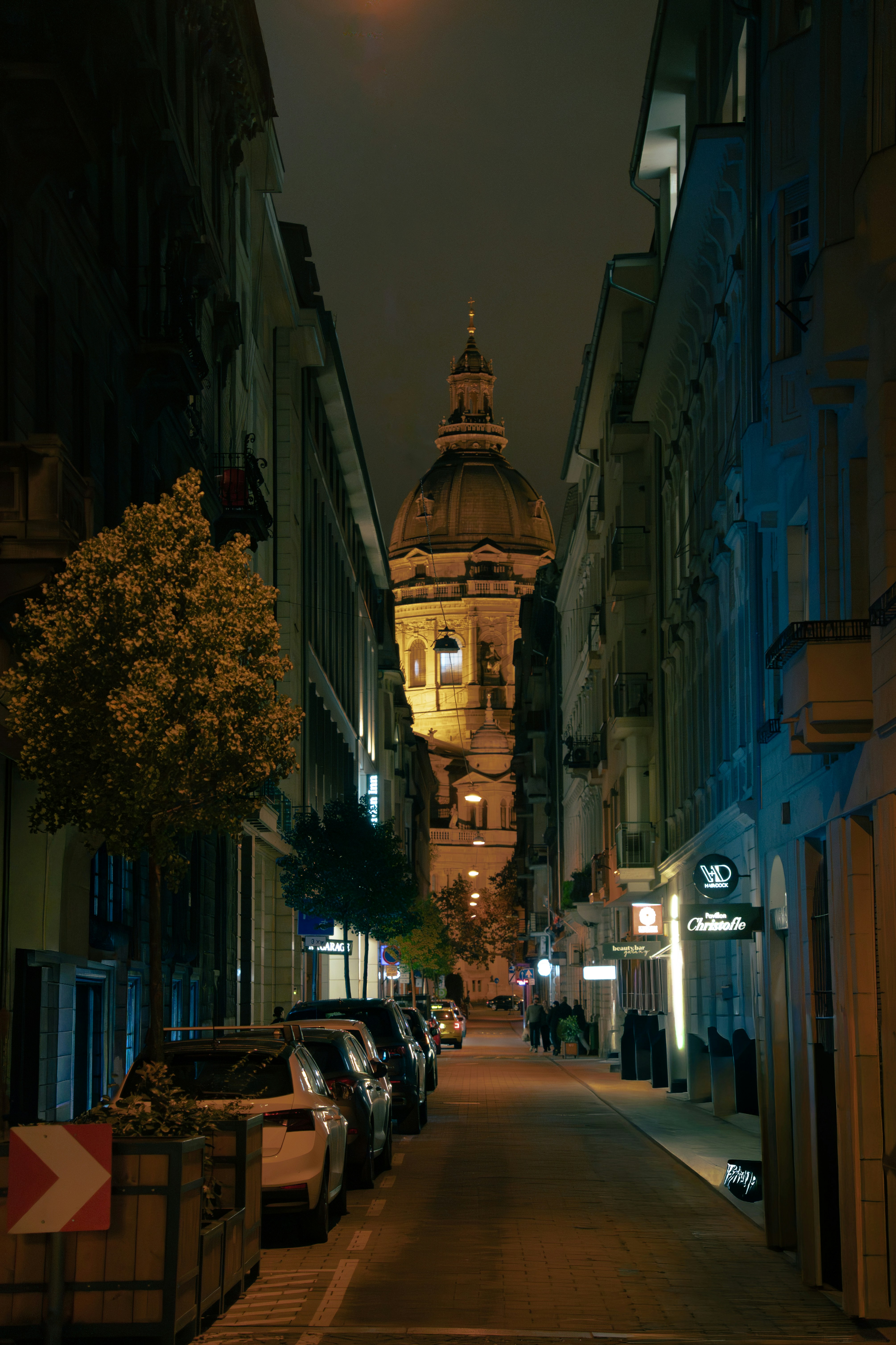 Una vista sulla strada verso un edificio a cupola di notte.