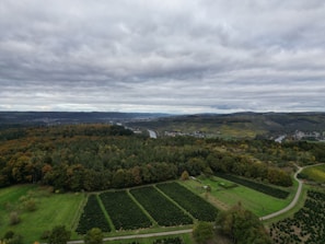 Overcast sky above forested hills and cultivated fields.