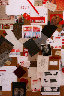 Collage of various papers, fabric swatches, and images