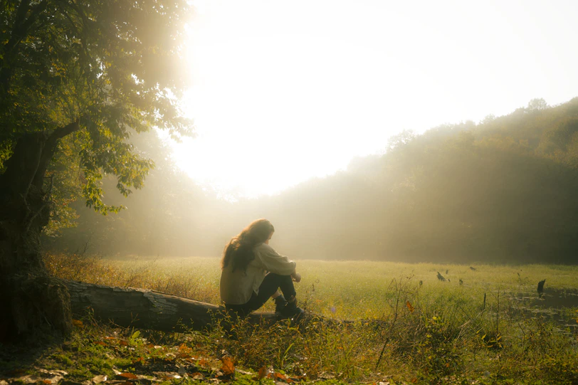 Person sitting in a misty field at sunrise.