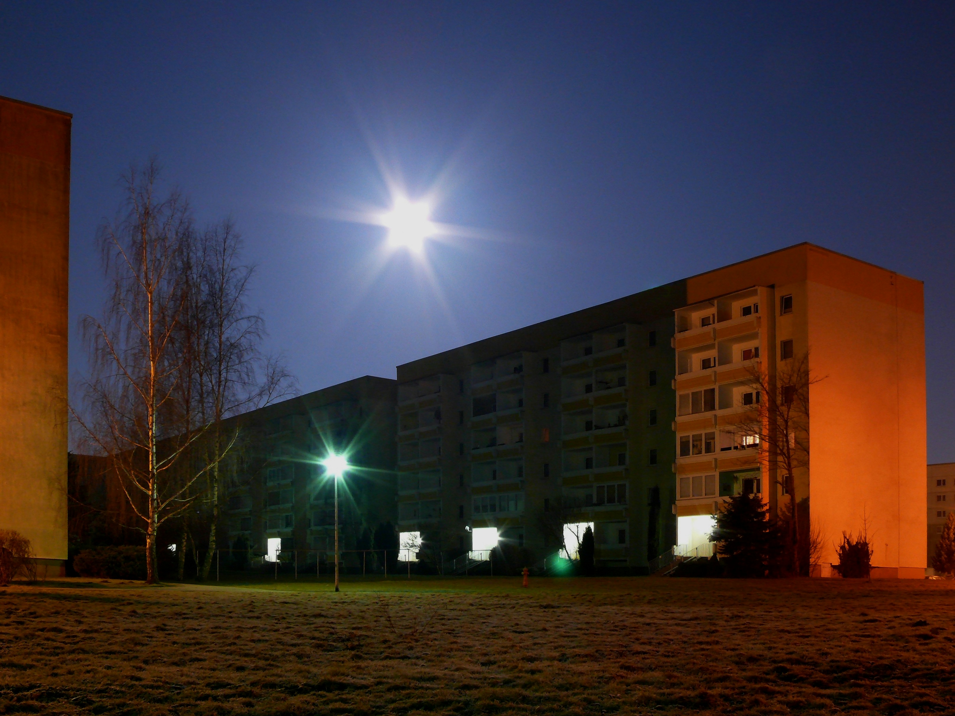 Modern student accommodation at night