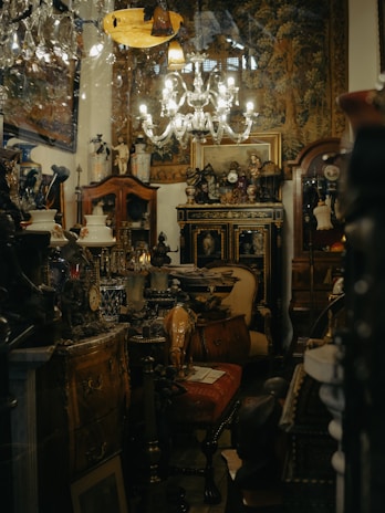 Antique shop filled with eclectic furniture and decor.