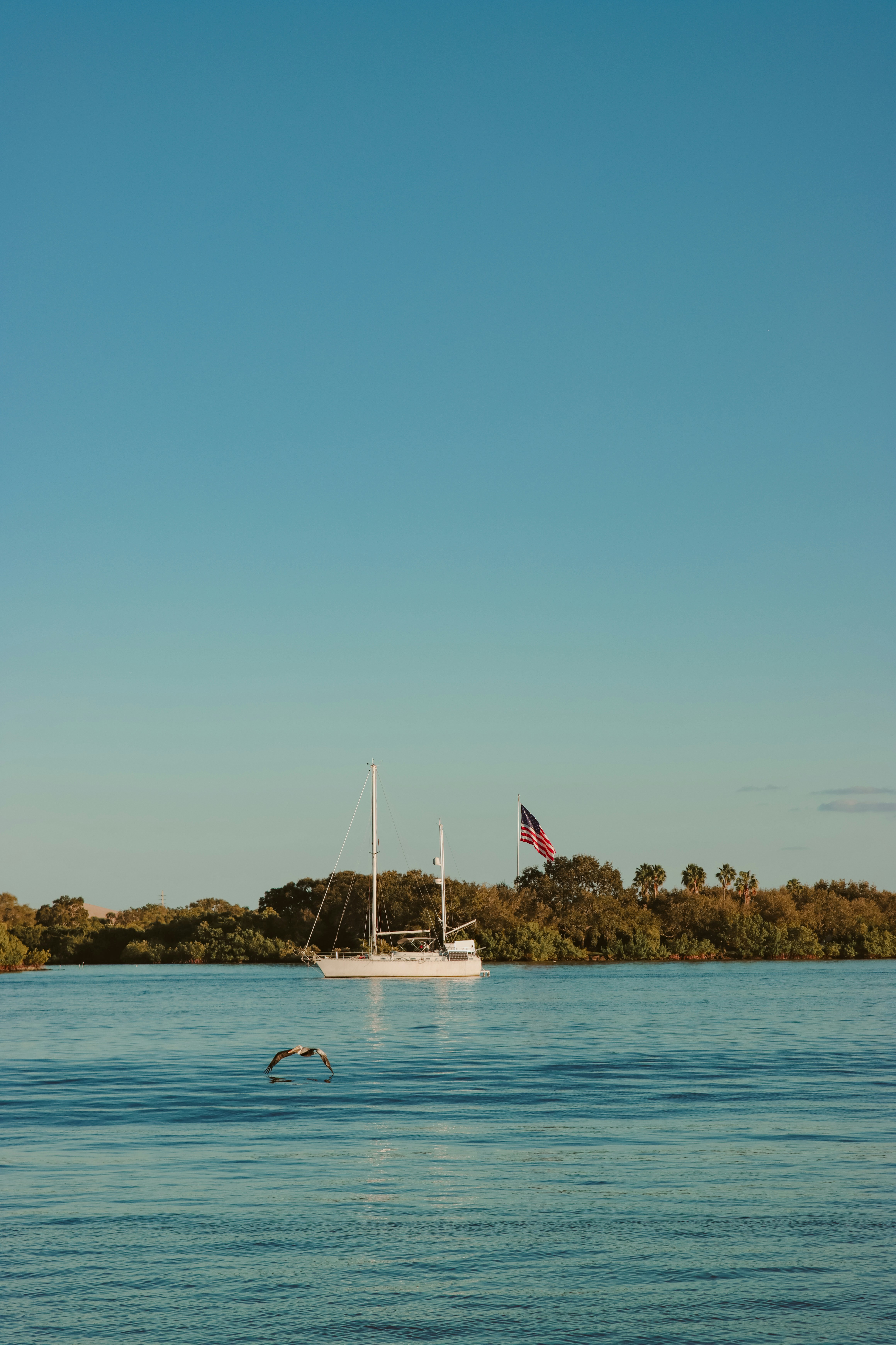Segelboot mit amerikanischer Flagge auf ruhigem Wasser