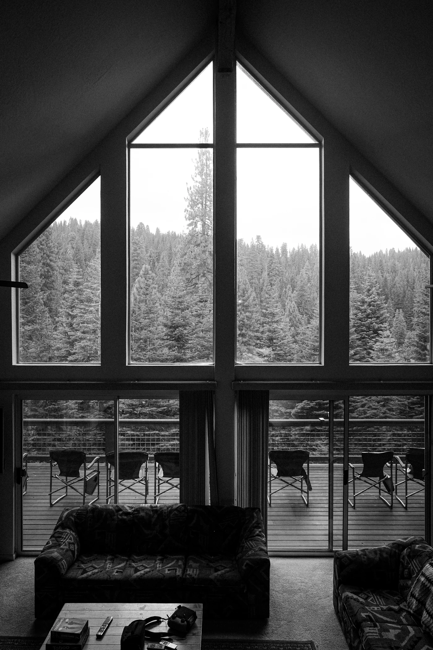 Camp living room with large windows onto the woods
