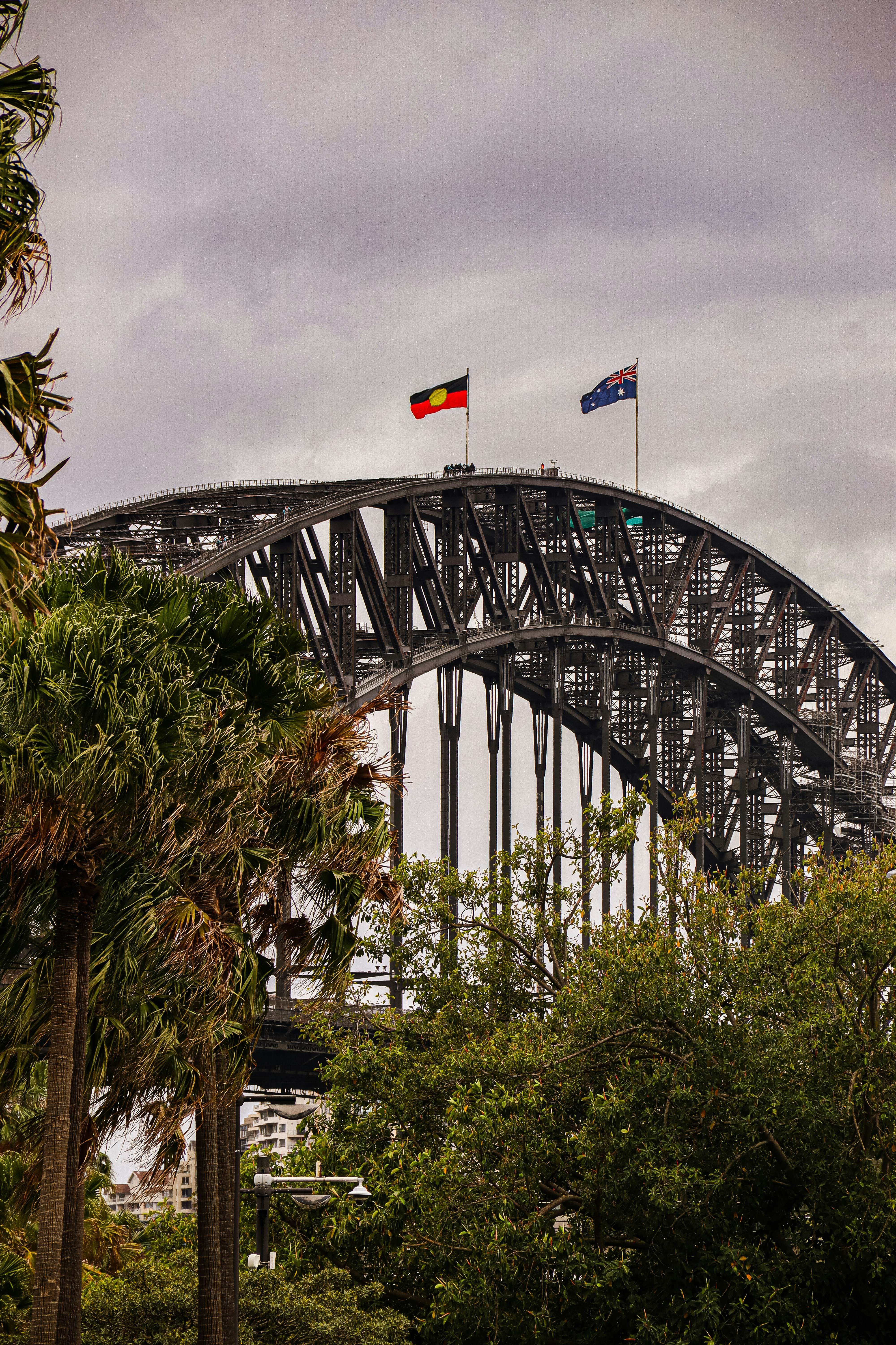 Sydney harbour bridge with australian flags flying