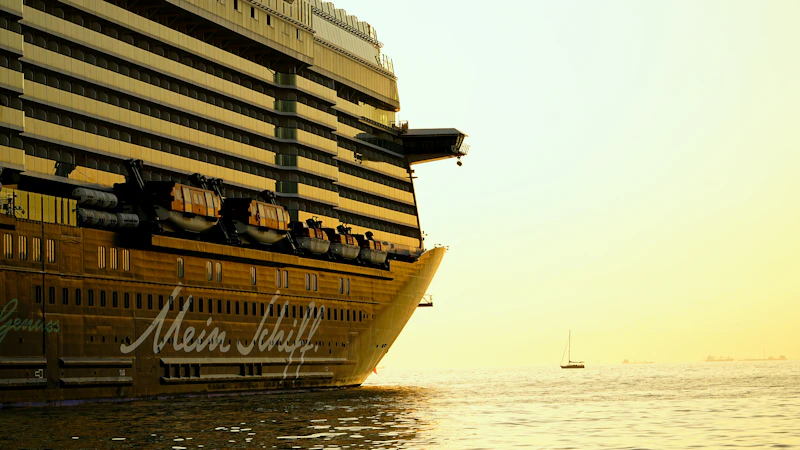 Large cruise ship sailing on the ocean at sunset.