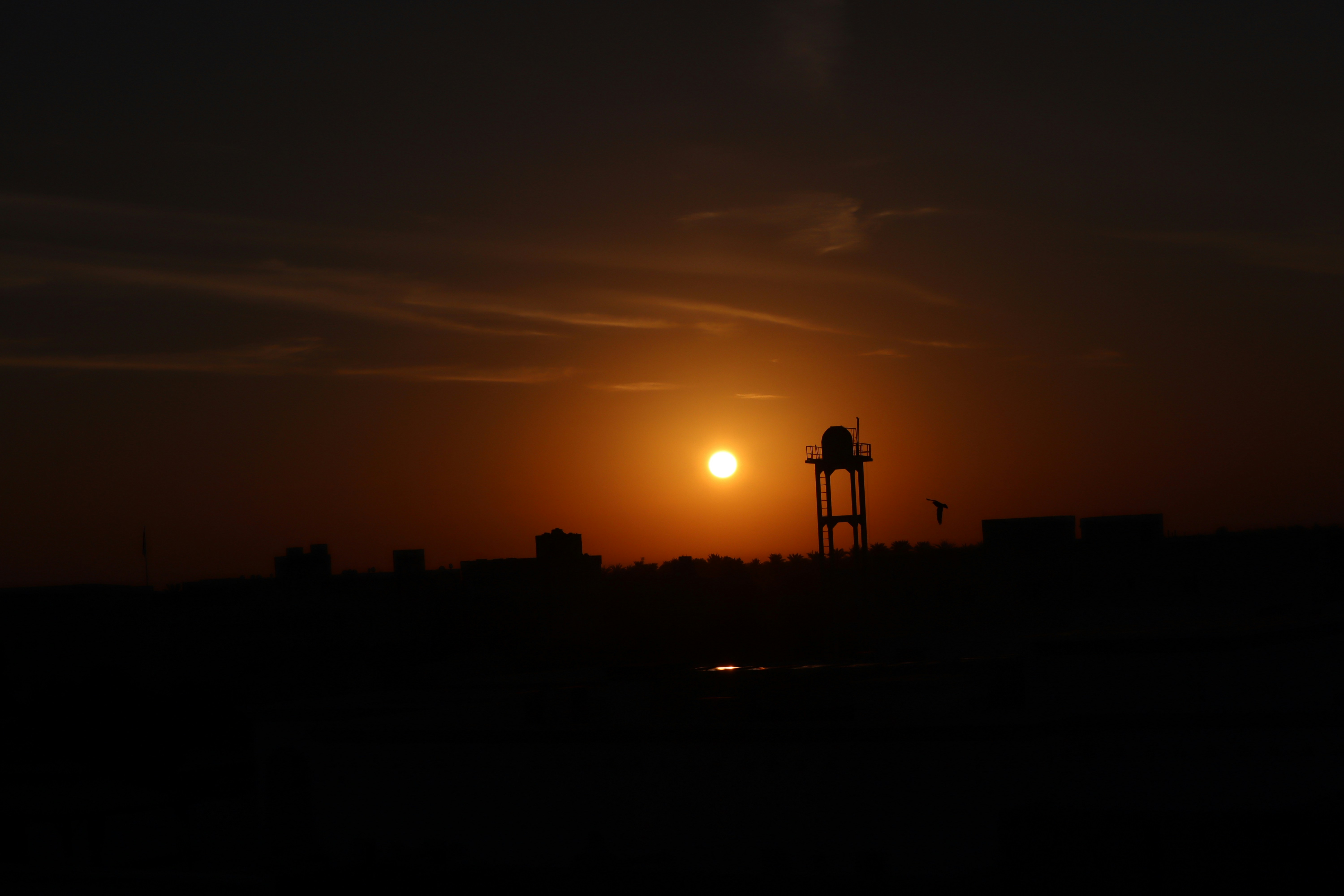 Sunset over a silhouetted industrial landscape with water tower.
