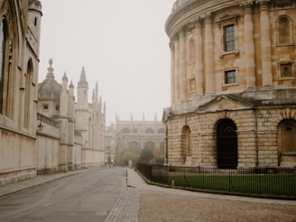 Historic university buildings on a foggy day