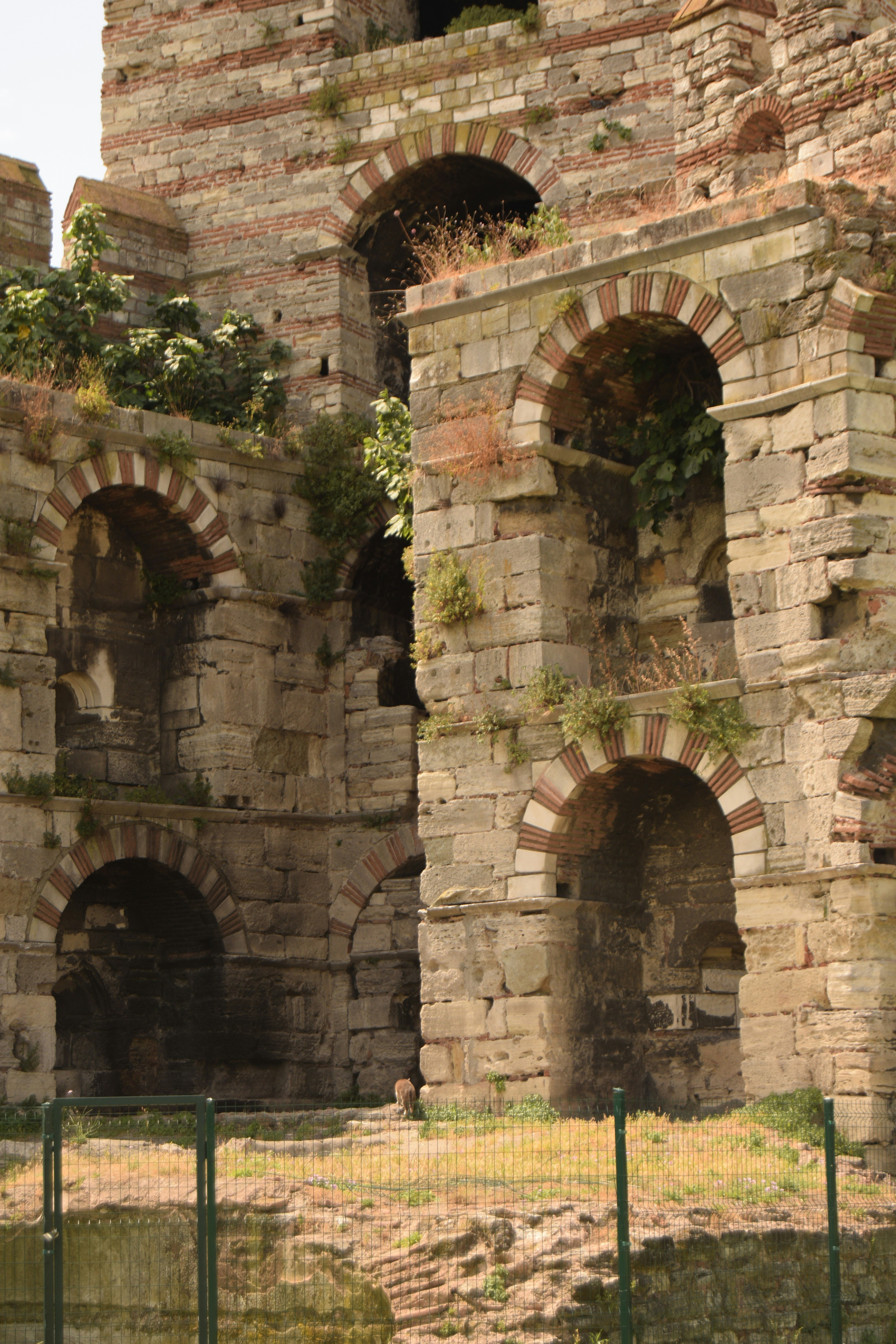 Ancient stone ruins with arched openings and greenery