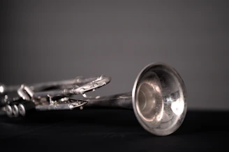 A silver trumpet lies on a dark surface.