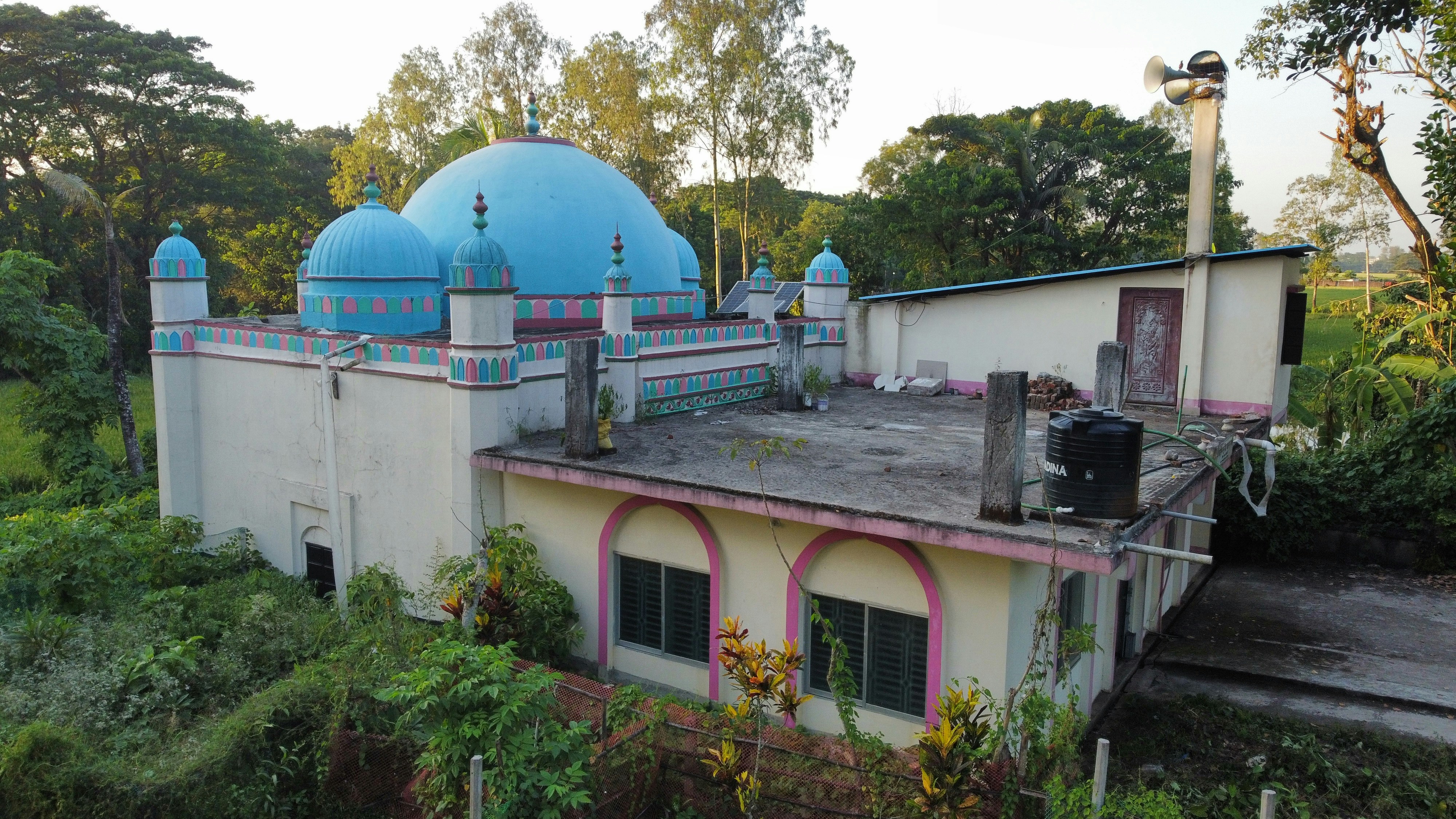 A white building with blue domes and surrounding greenery