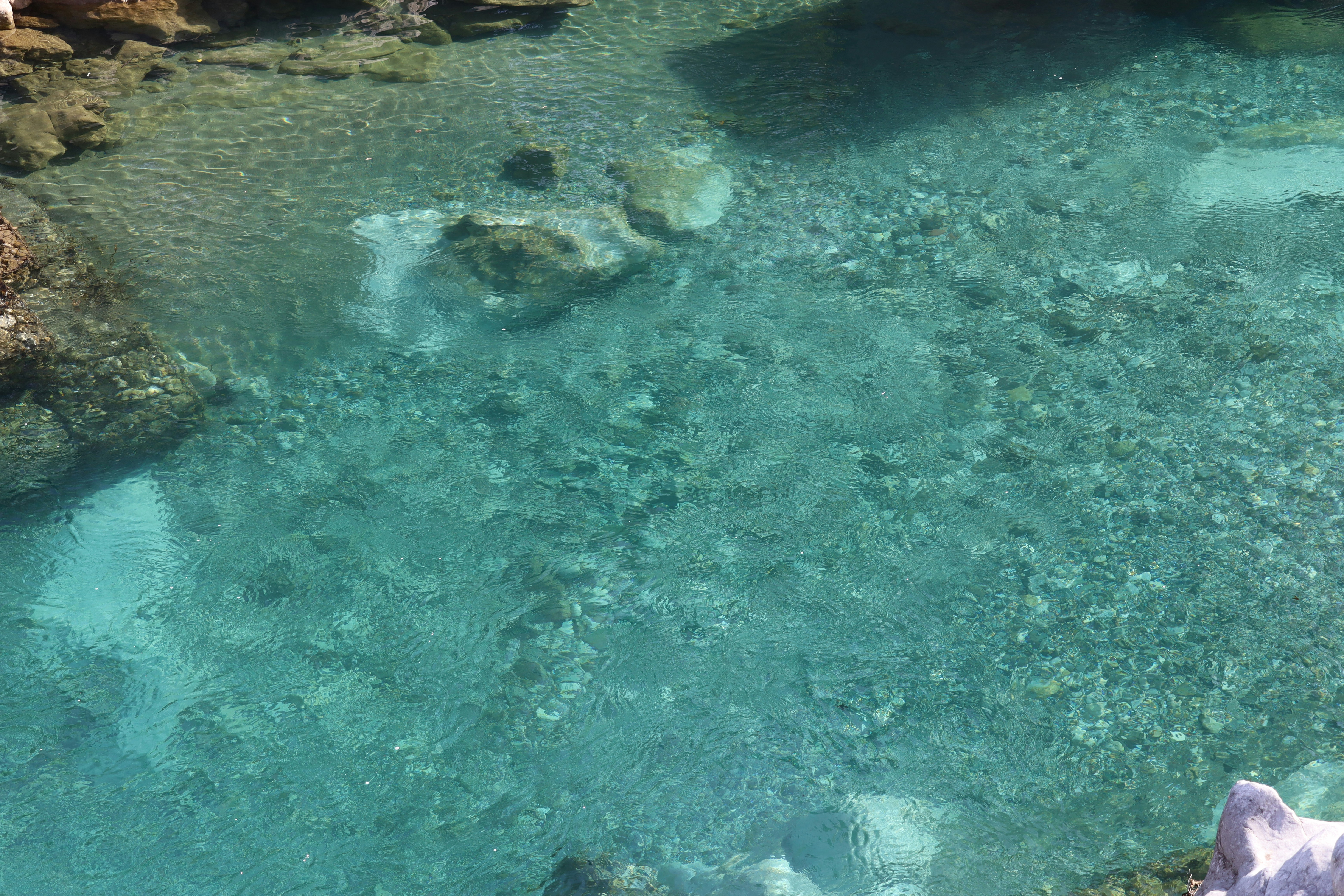 Clear turquoise water flows over rocky seabed.