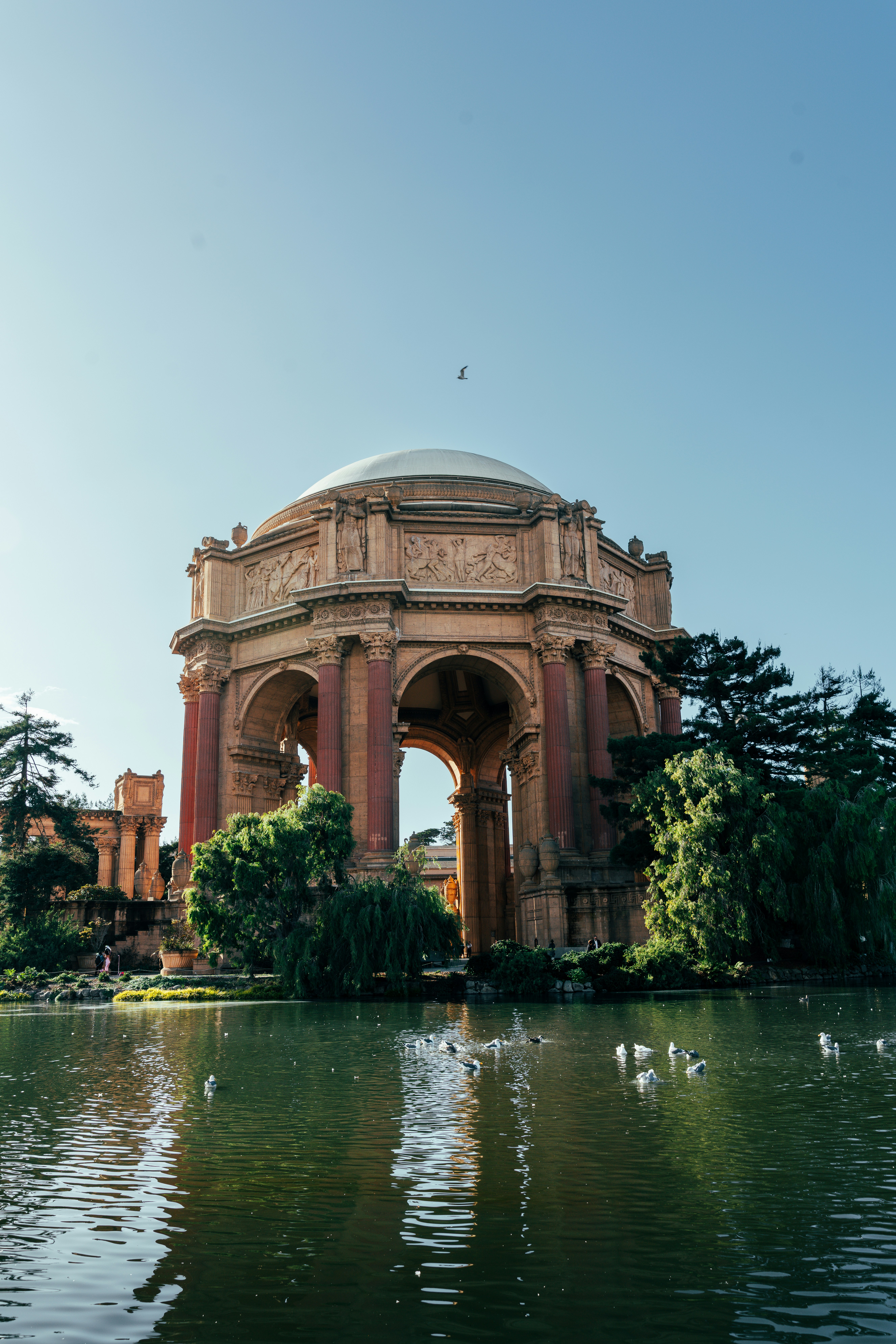 Palace of fine arts with pond and birds