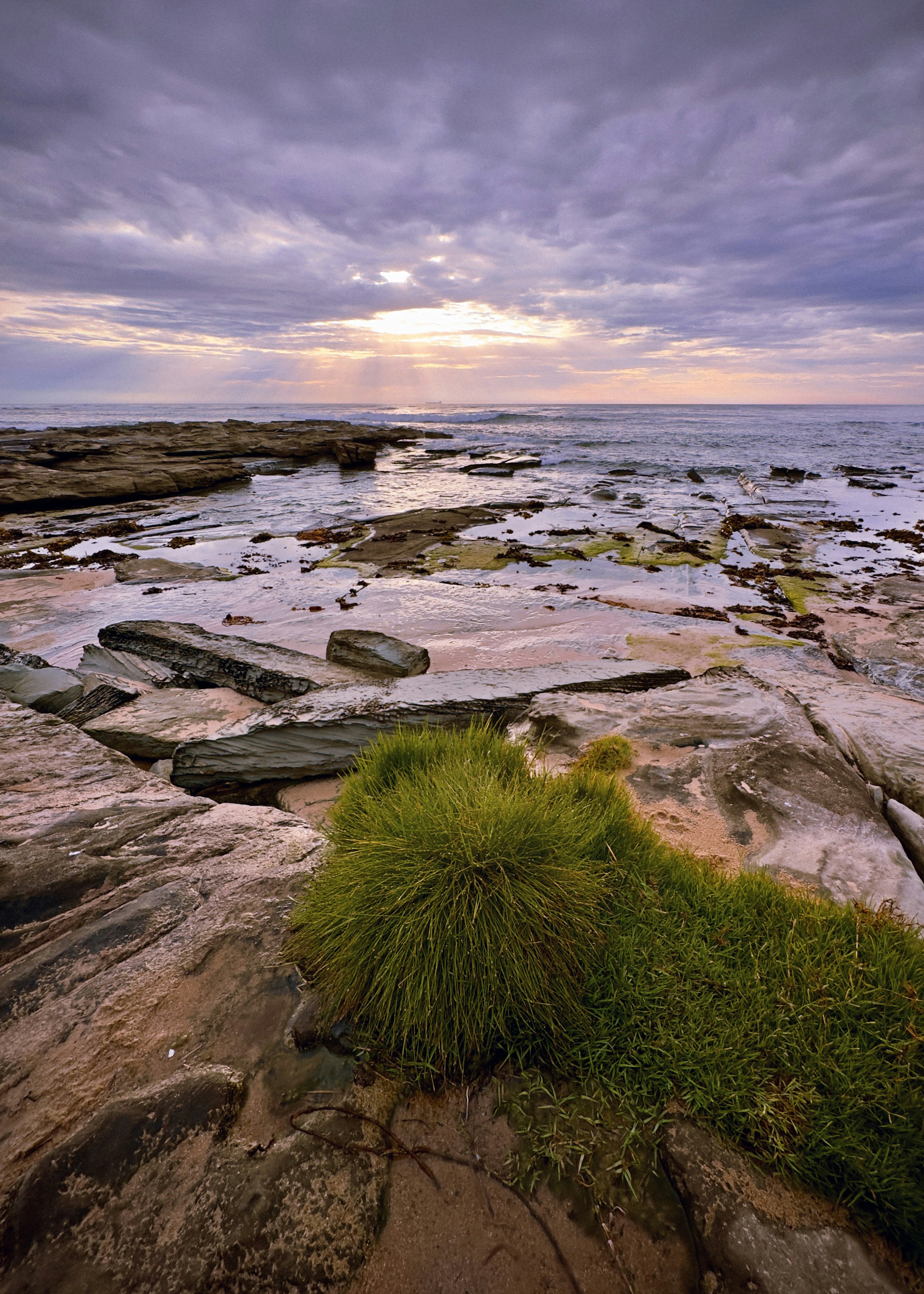 Rocky coastline with green grass and dramatic sky.