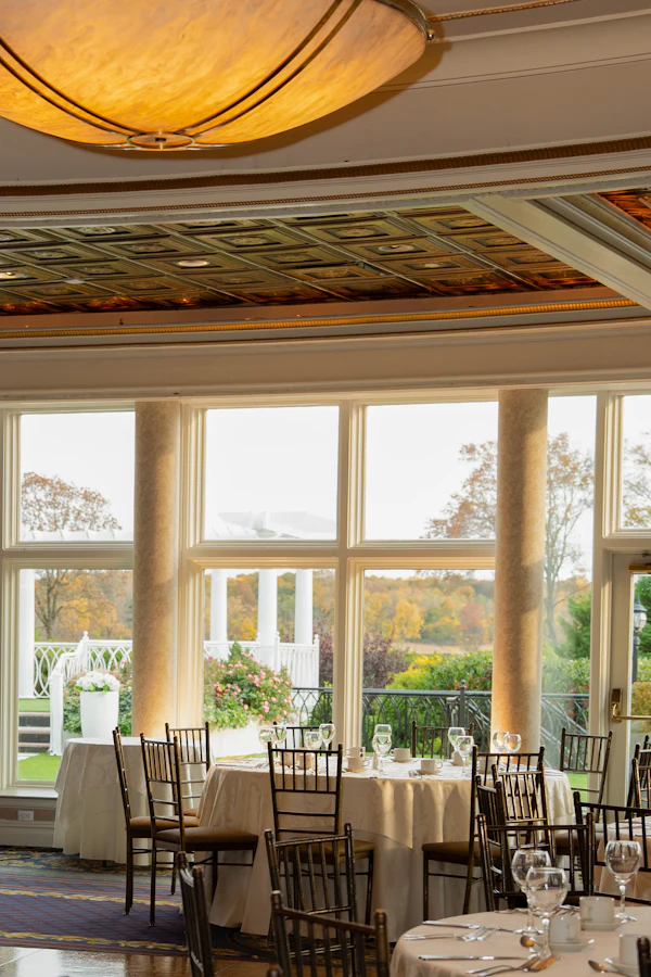 Elegant banquet hall set for a large event