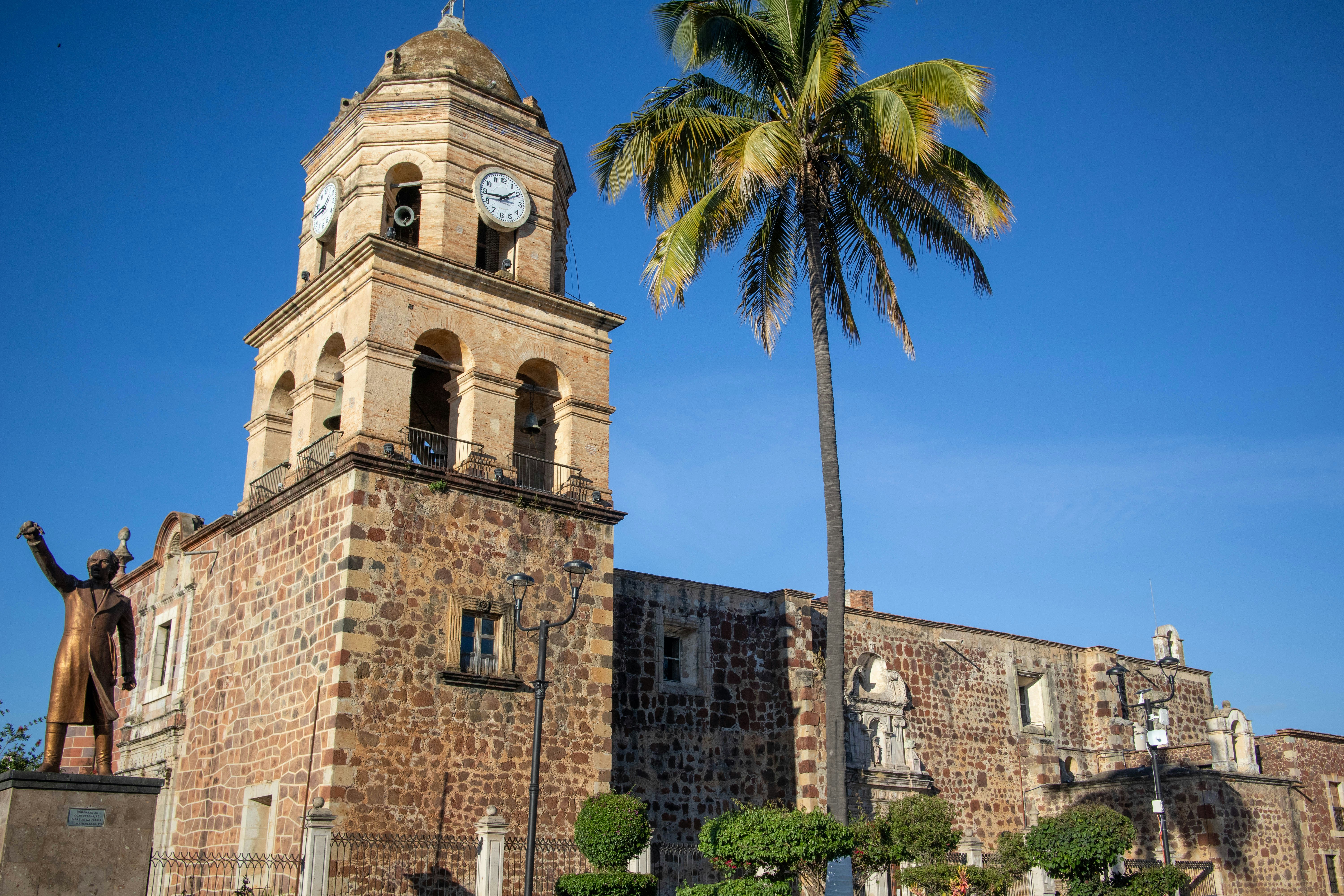 Historic church with a tall palm tree and statue.