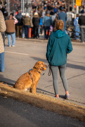 Woman and dog wait by a street with crowd