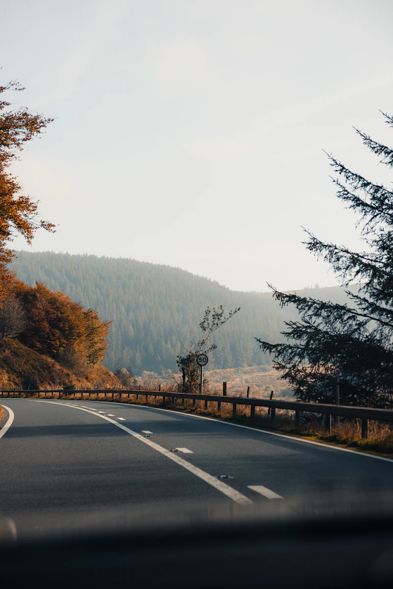 Winding road through autumn hills