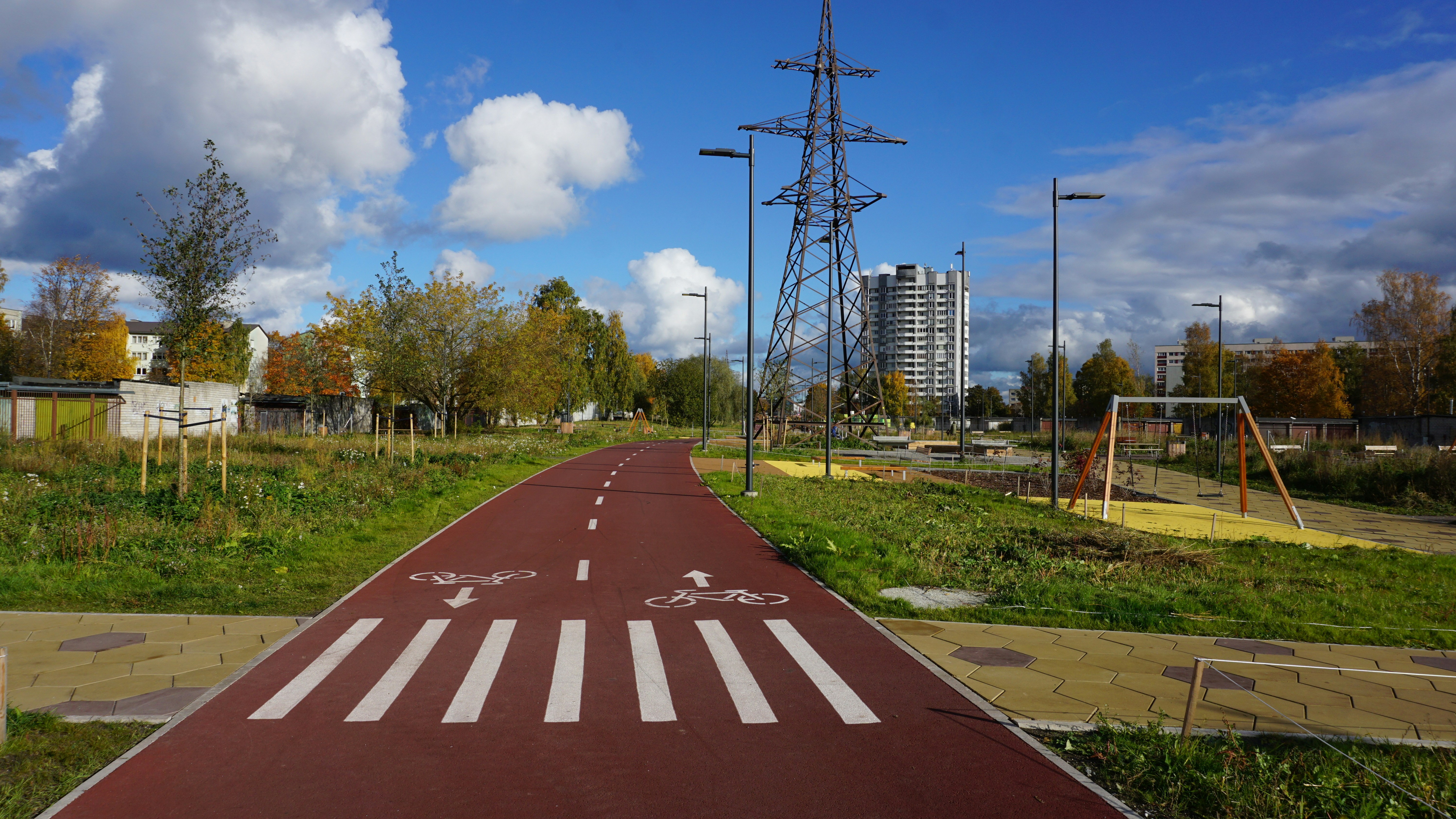 Red bike path with pedestrian crossing and autumn trees