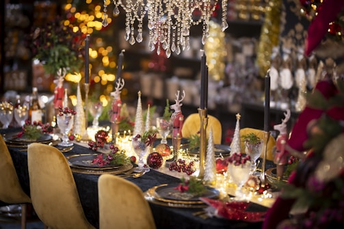 Festively decorated dining table with christmas ornaments