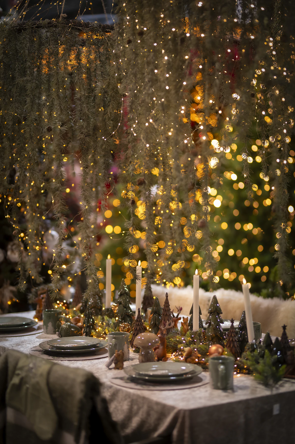 A festive table setting with Christmas lights