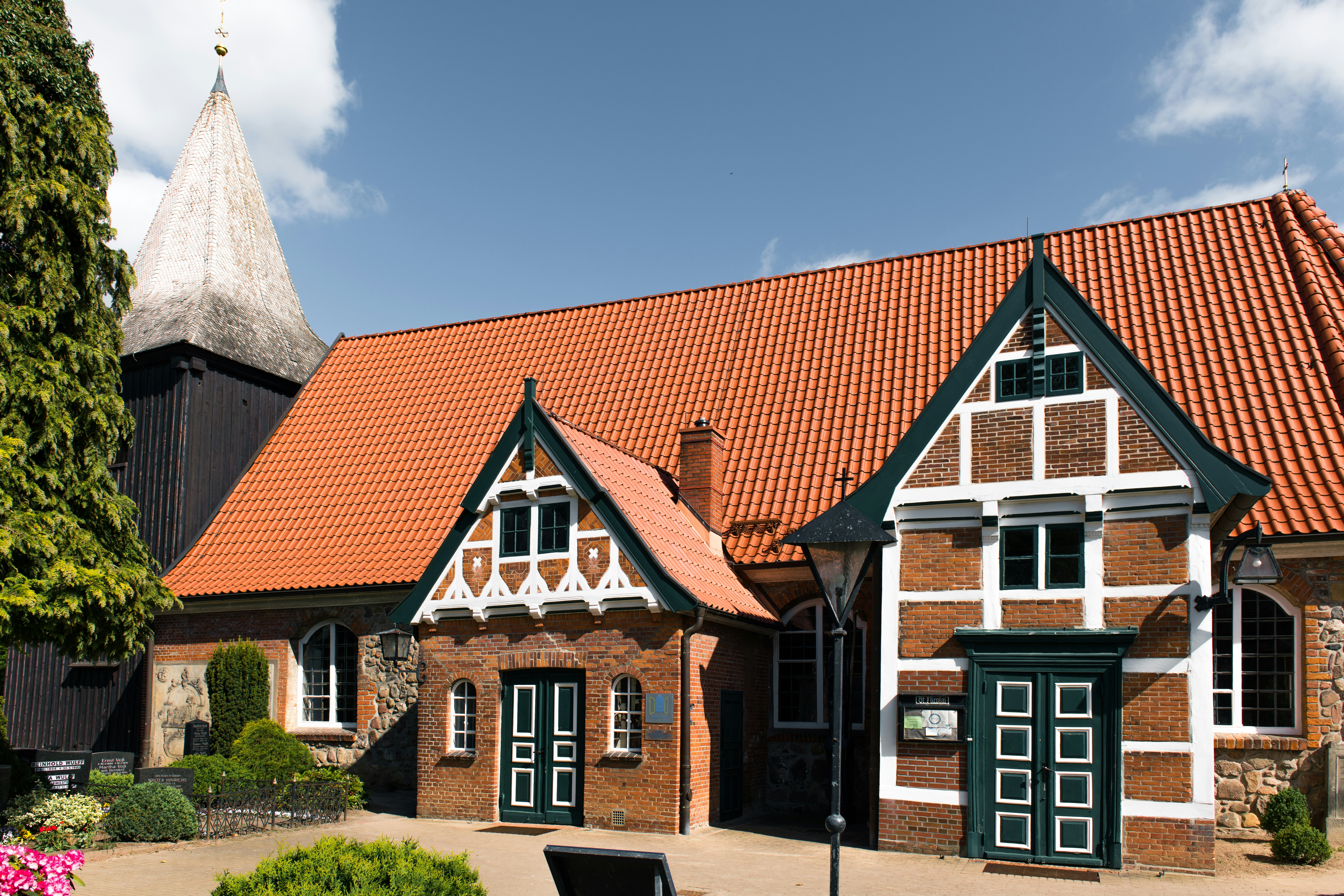 Historic church with half-timbered architecture and brick architecture