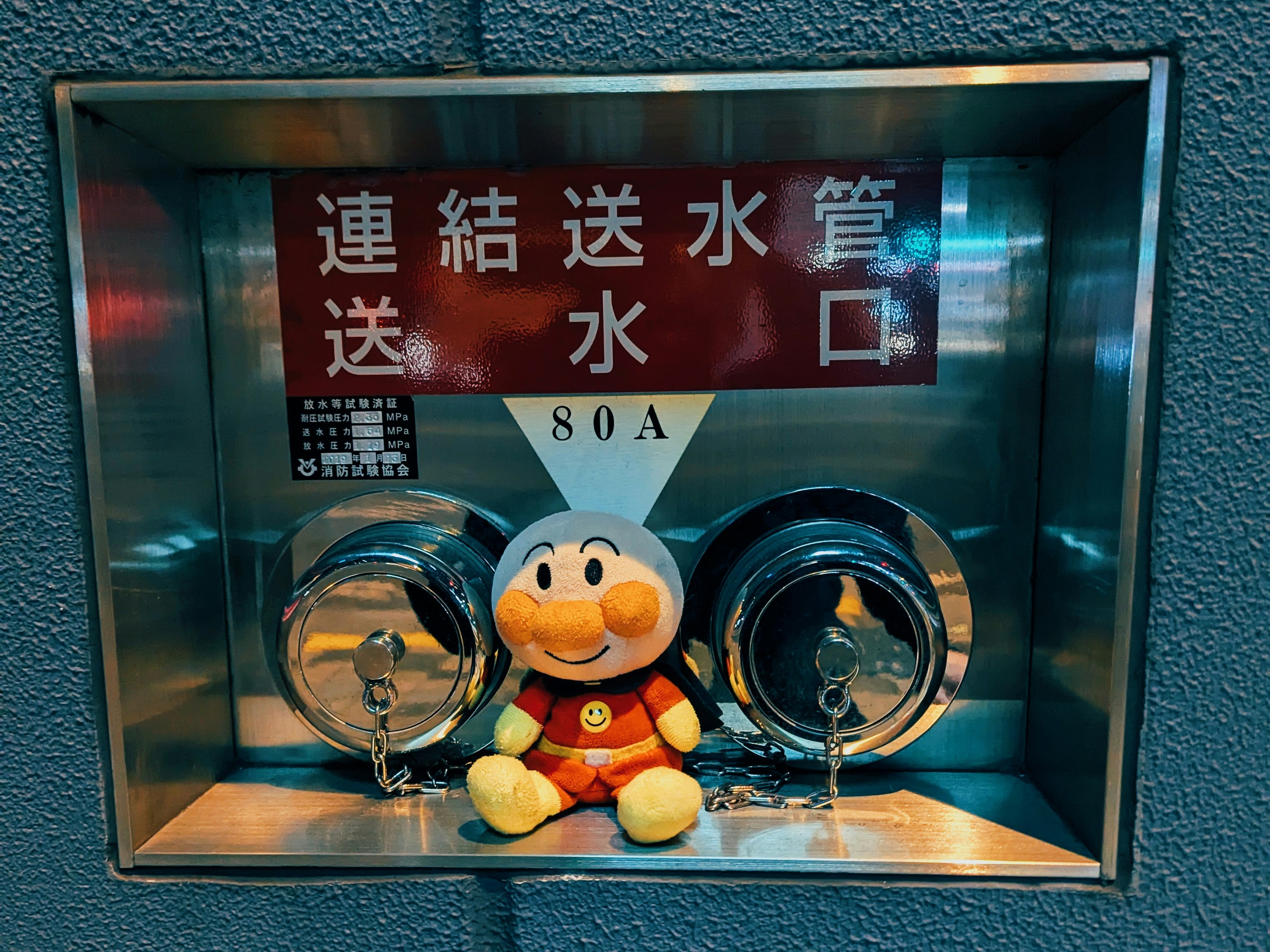 Plush toy in front of a fire hydrant connection.