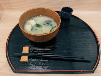 Bowl of miso soup with tofu and seaweed