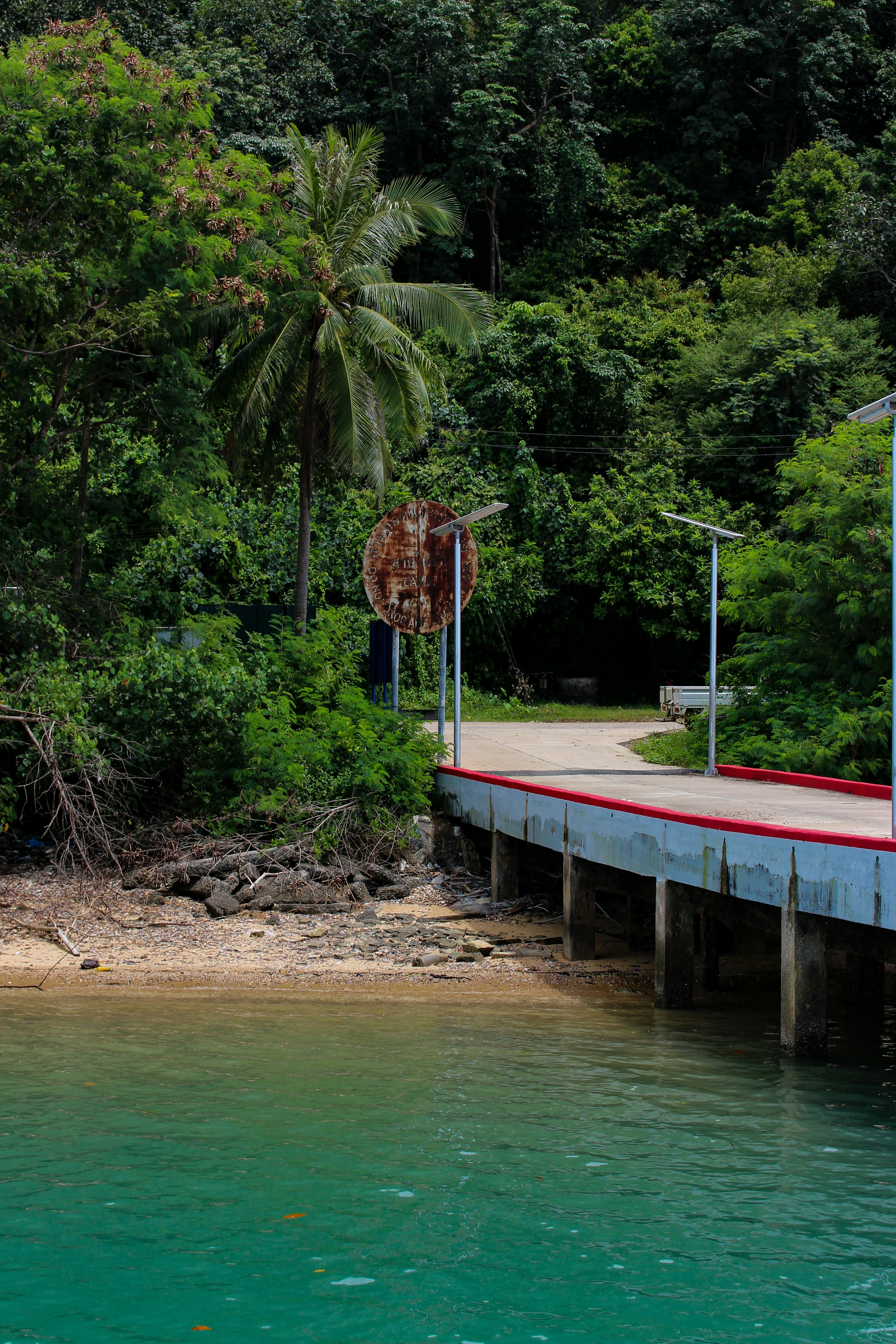 Muelle con árboles tropicales y agua turquesa