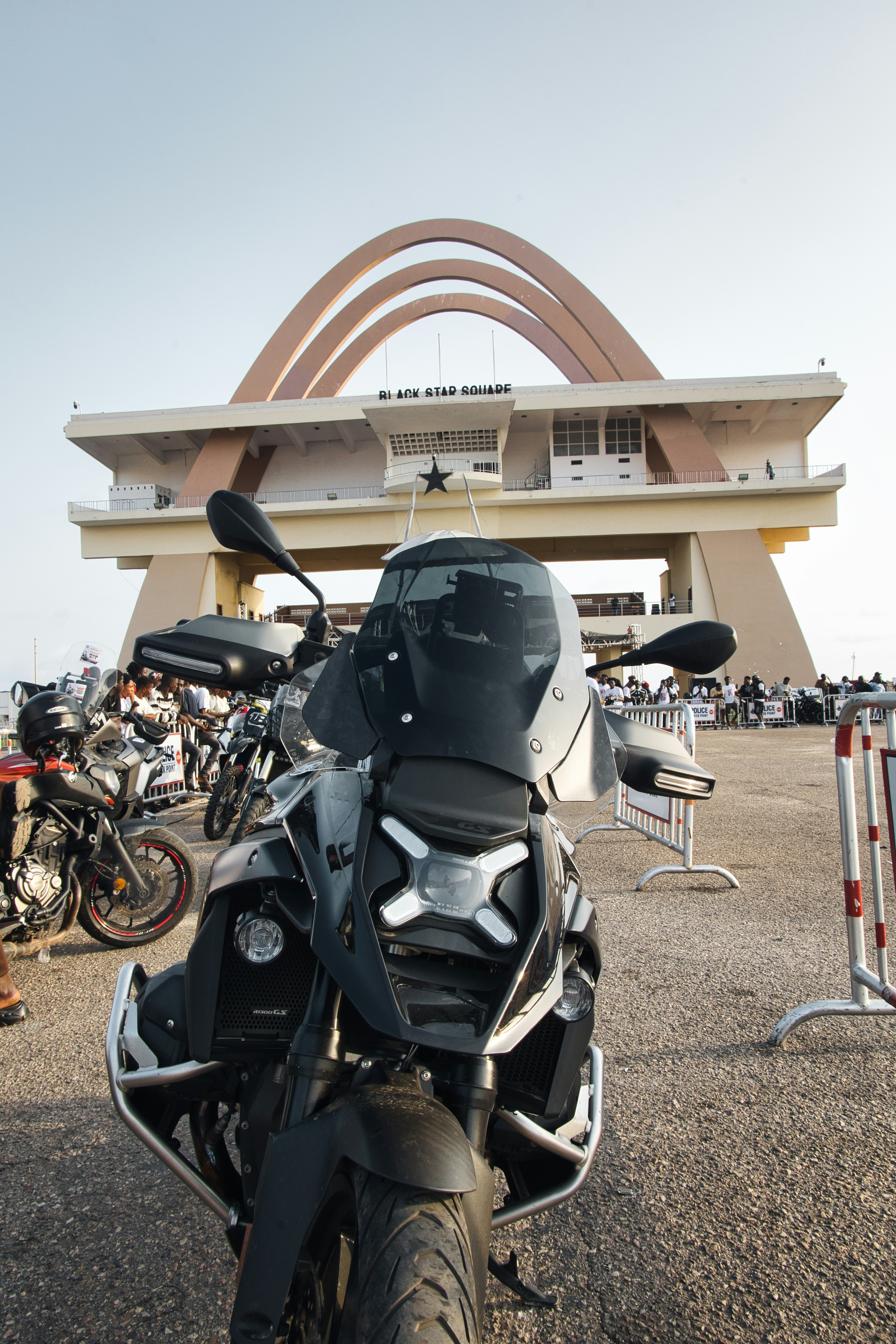 Motorcycle parked in front of independence arch