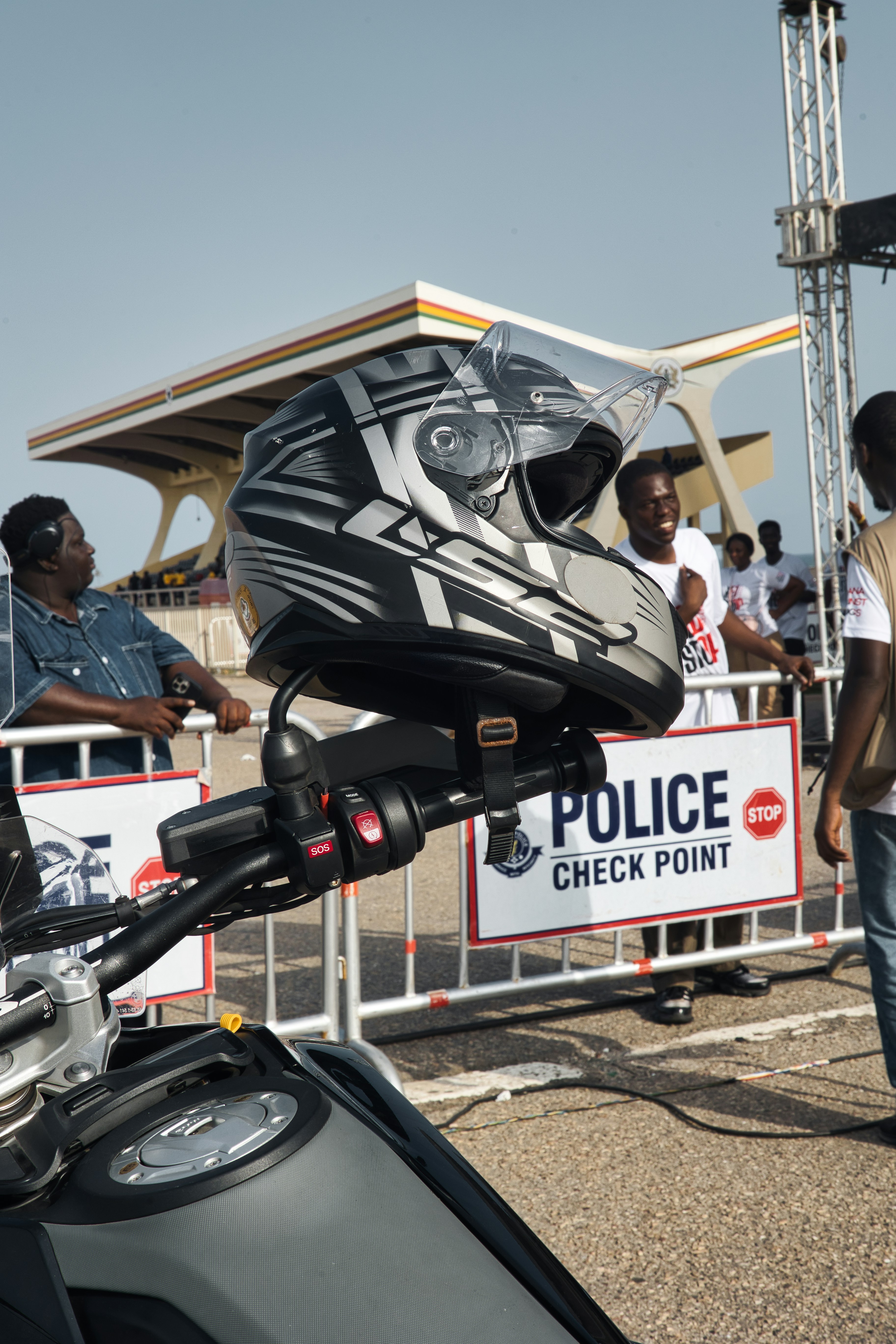 Motorcycle helmet at a police checkpoint