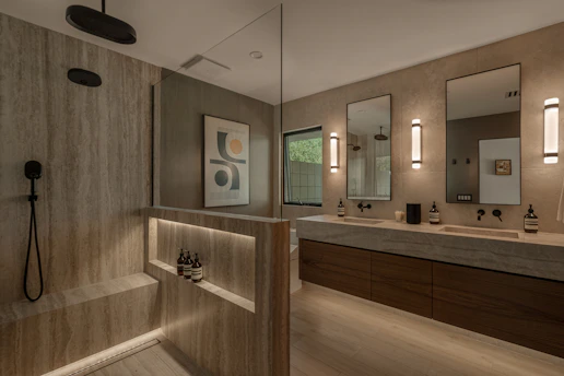 Modern bathroom with double vanity and walk-in shower