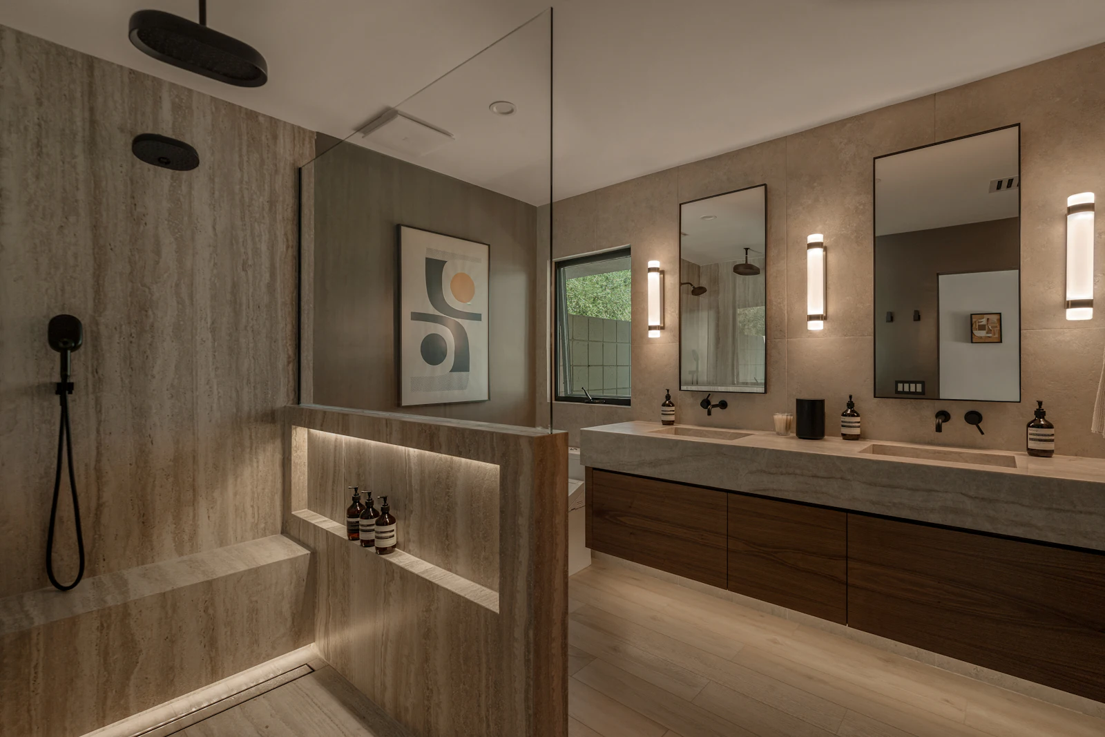 Modern bathroom with wood walls, double vanity, and walk-in shower