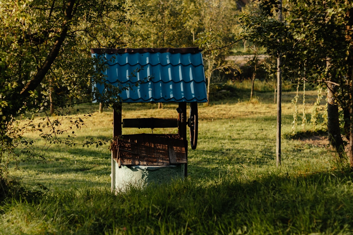 Traditional water well in a grassy yard — annual water testing is essential for private well owners to catch bacteria, nitrates, and other contaminants