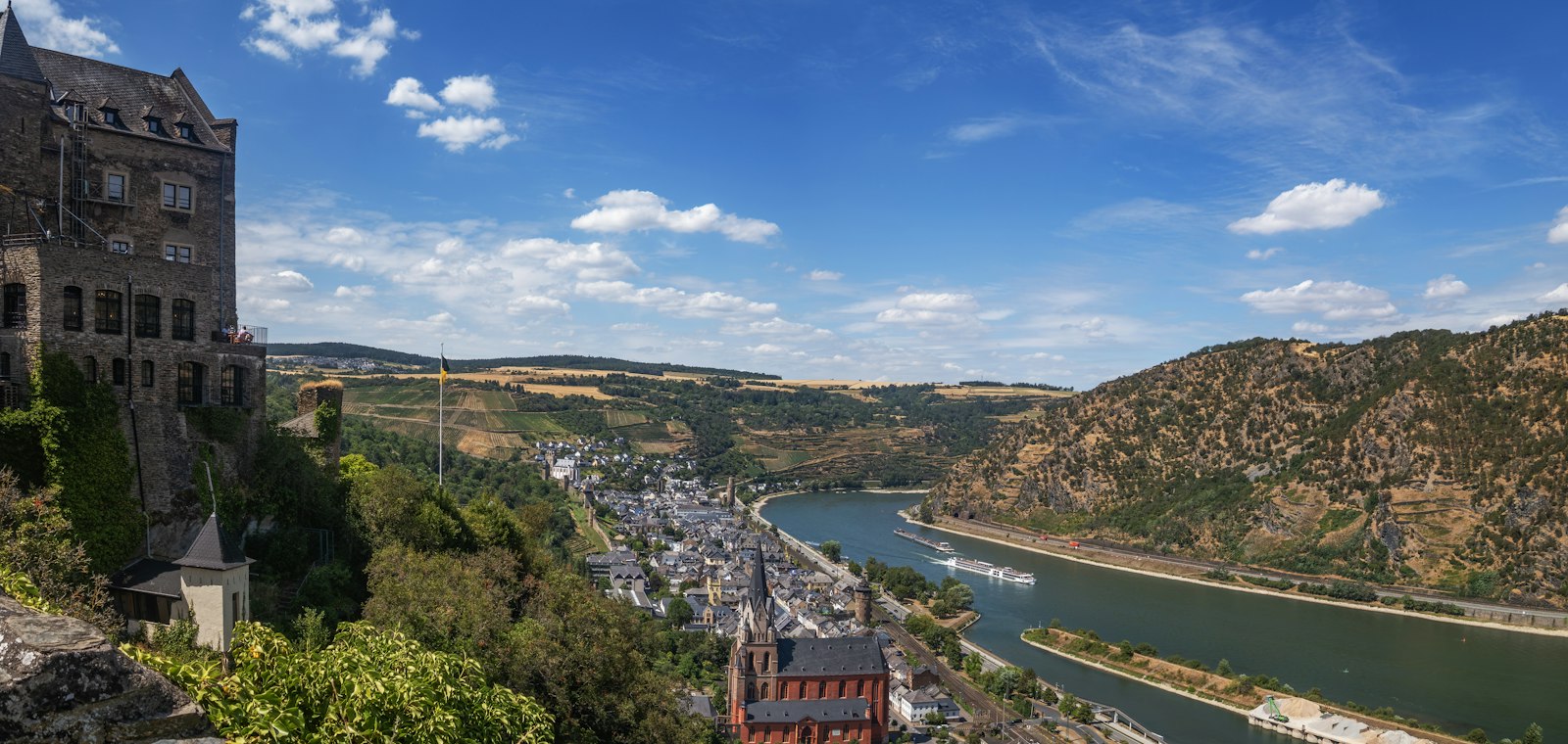The Rhine River winding past the town of Oberwesel, seen from the castle above