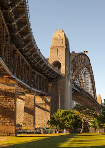 Sydney harbour bridge seen from below on a sunny day