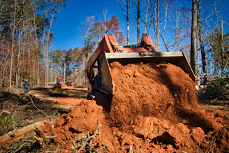 Skid steer loader moving dirt in a wooded area