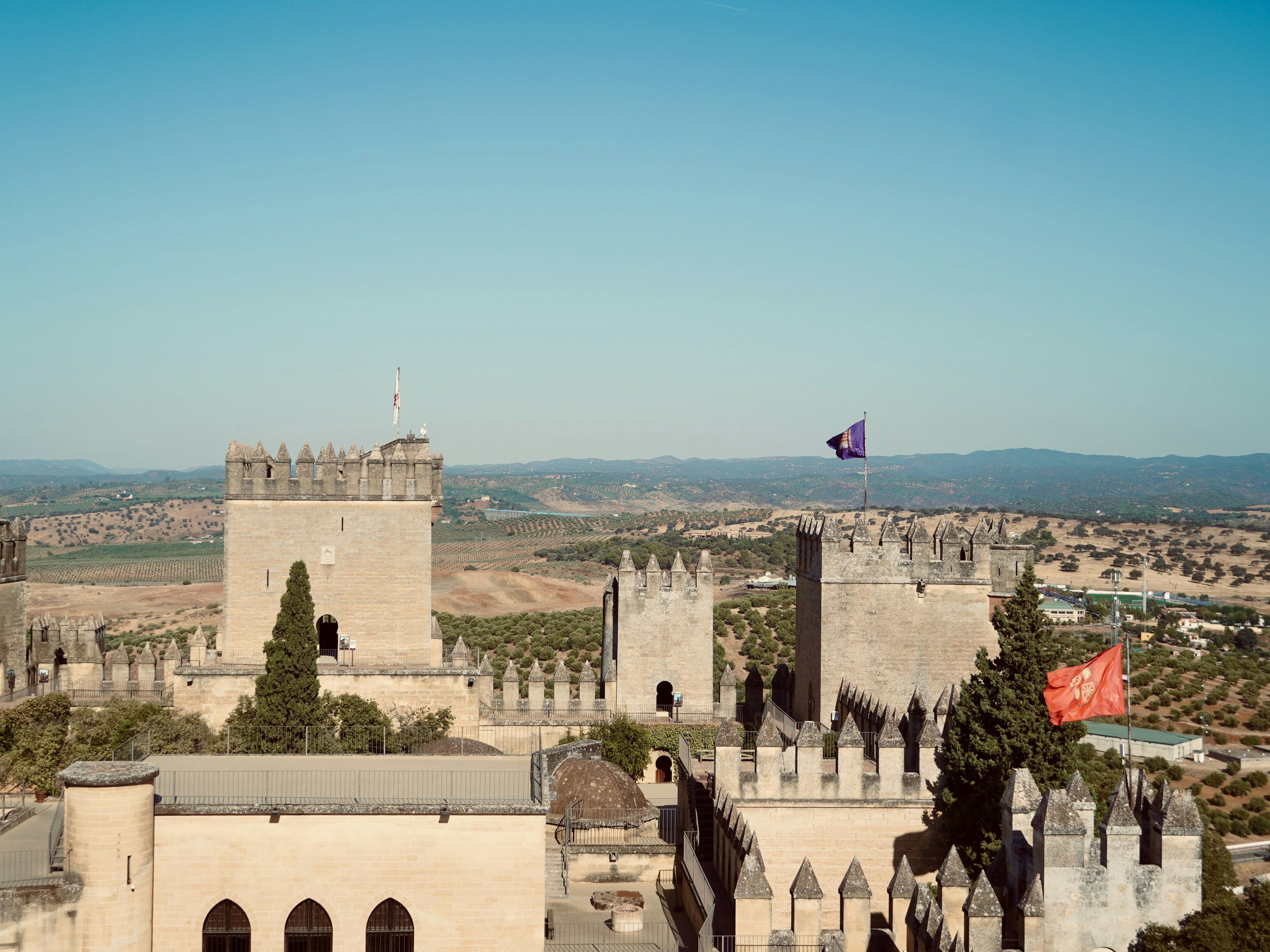 Castle towers under a clear blue sky