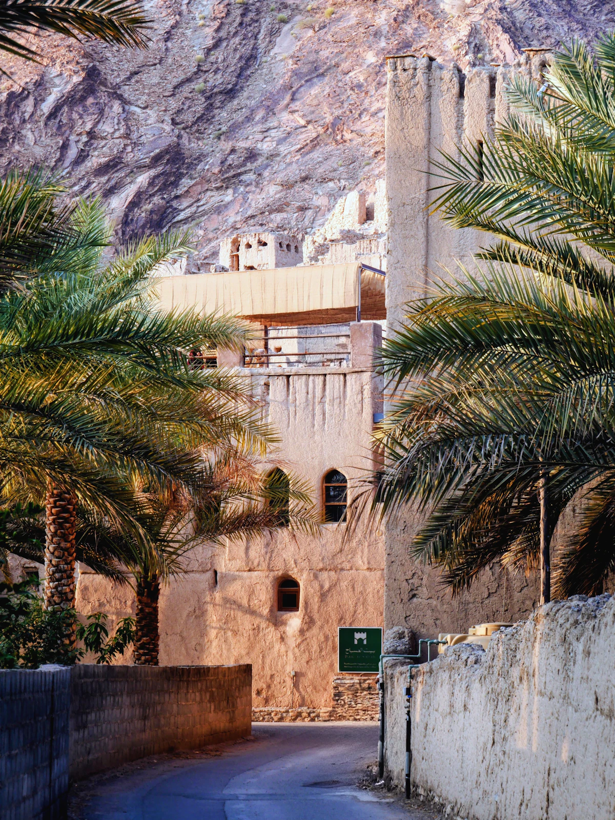 An old mud-brick fort behind date palms in Birkat Al Mouz, with mountains rising behind