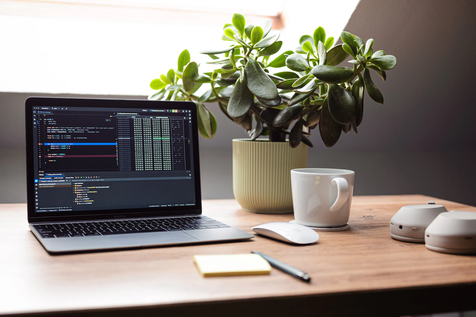 A quiet developer desk with a laptop, plant, and coffee mug