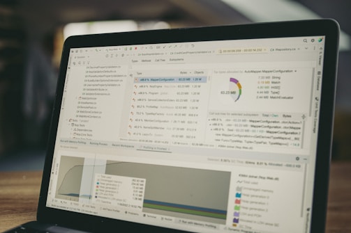 Laptop screen displaying code and data charts.