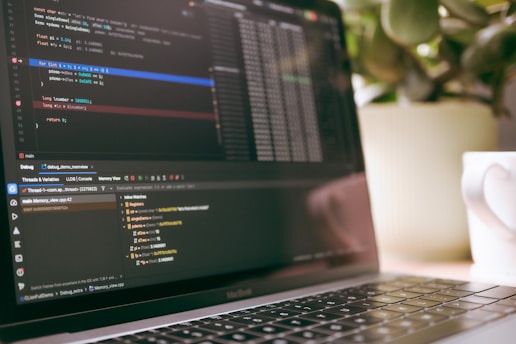 Laptop screen displaying code with a plant and mug.