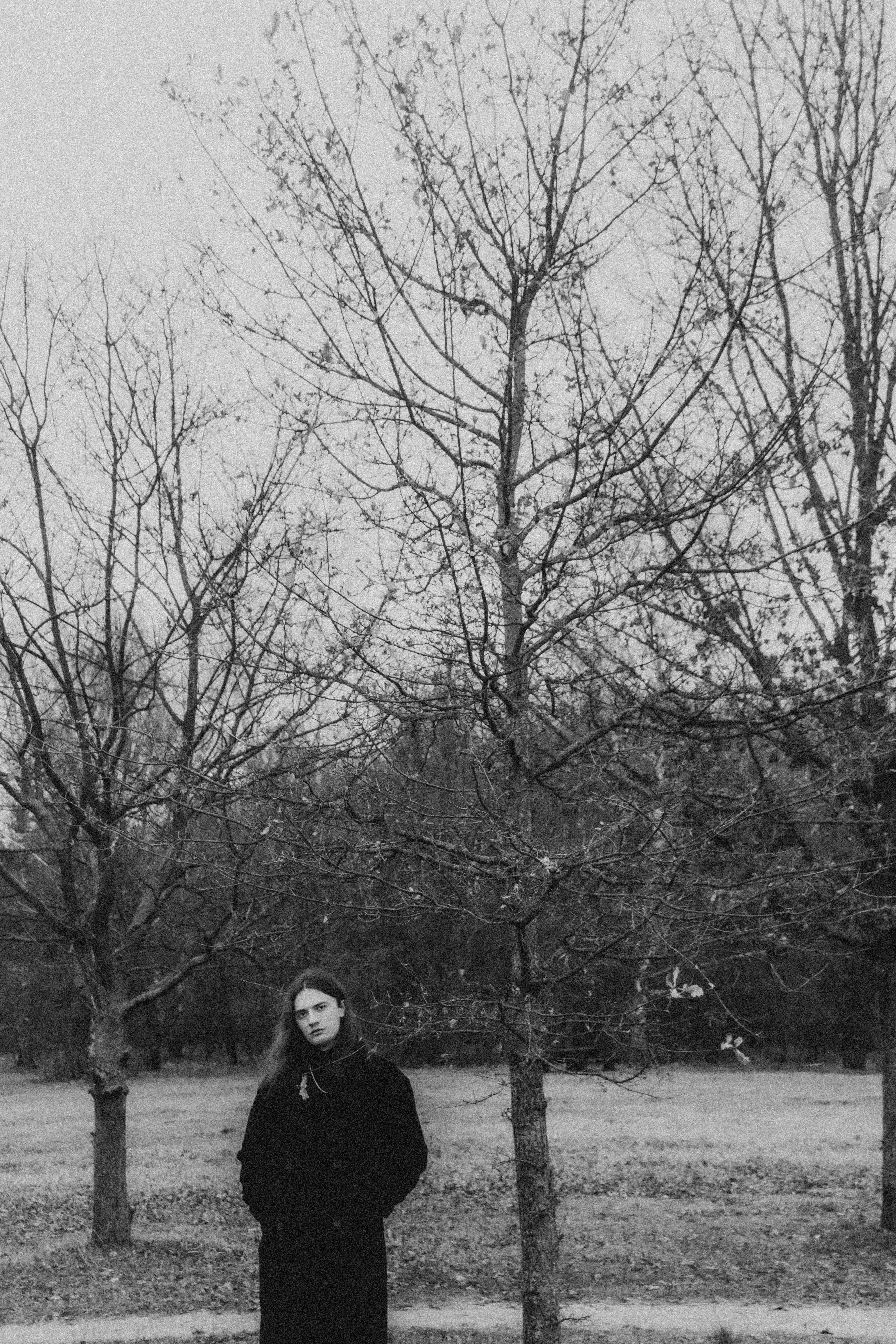 A person stands among bare trees in grayscale.