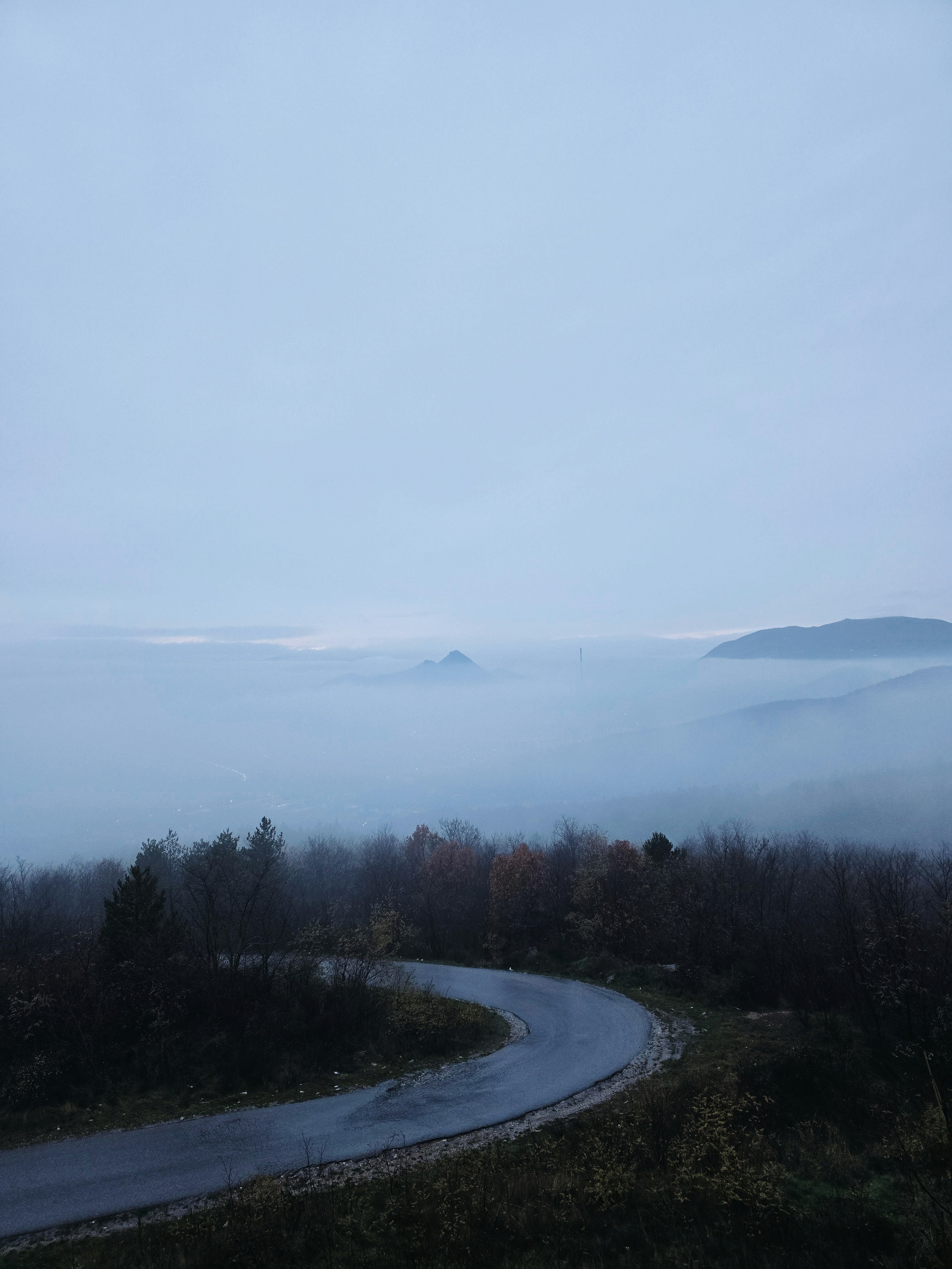 Winding road through misty forest with distant mountains