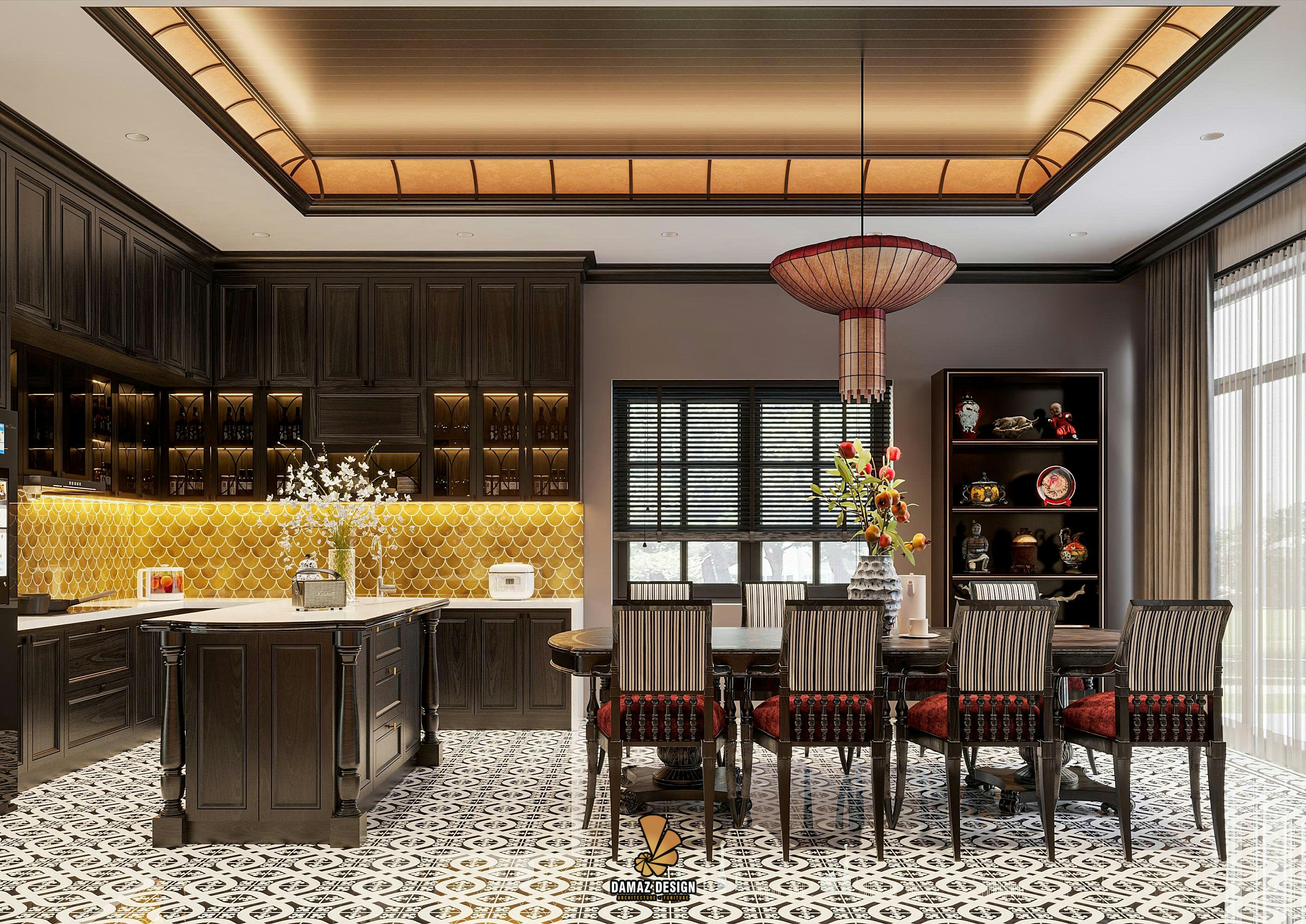 Elegant dining room and kitchen with dark wood accents