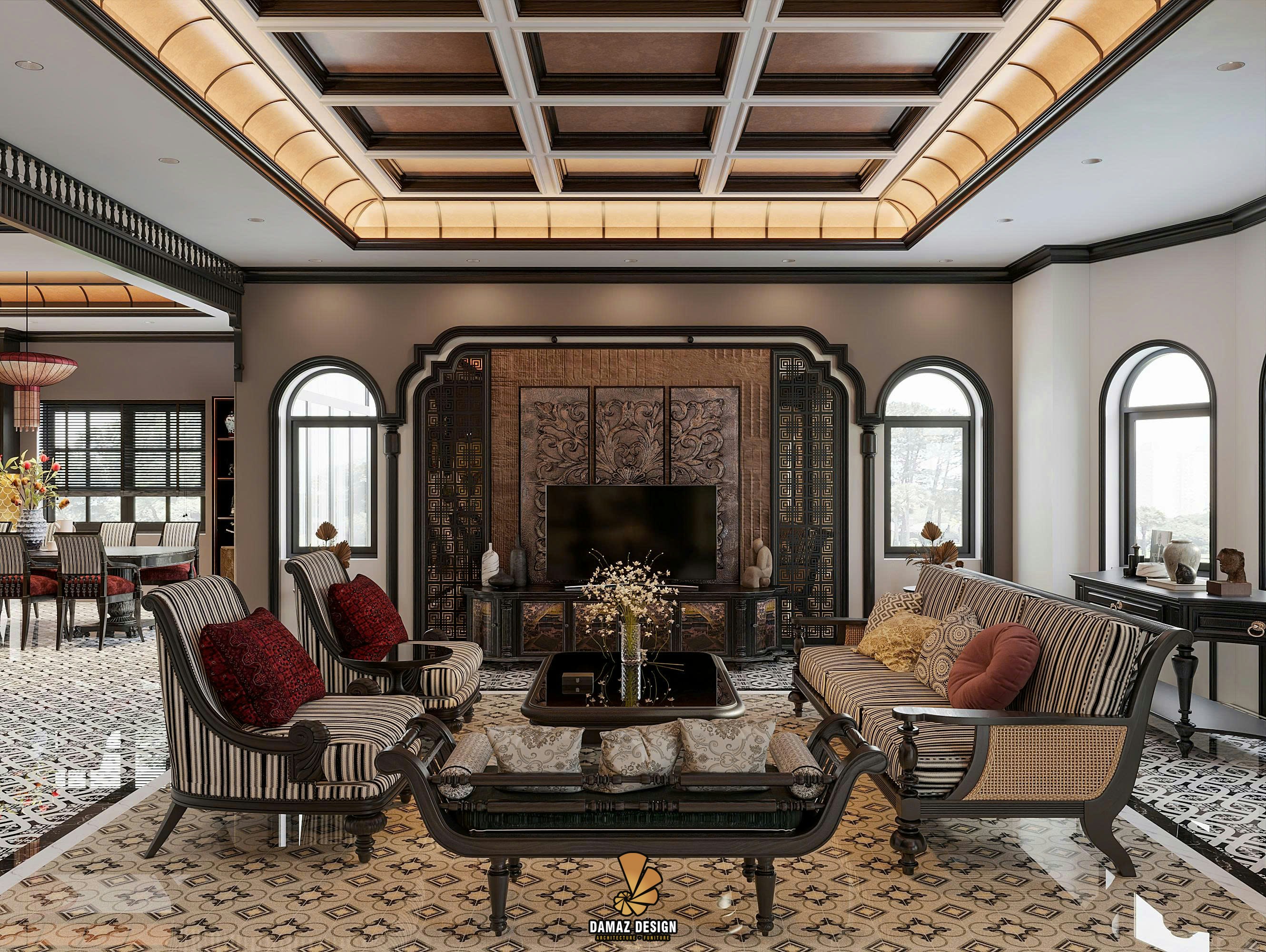 Living room featuring a Moroccan coffee table with intricate patterns and cultural flair