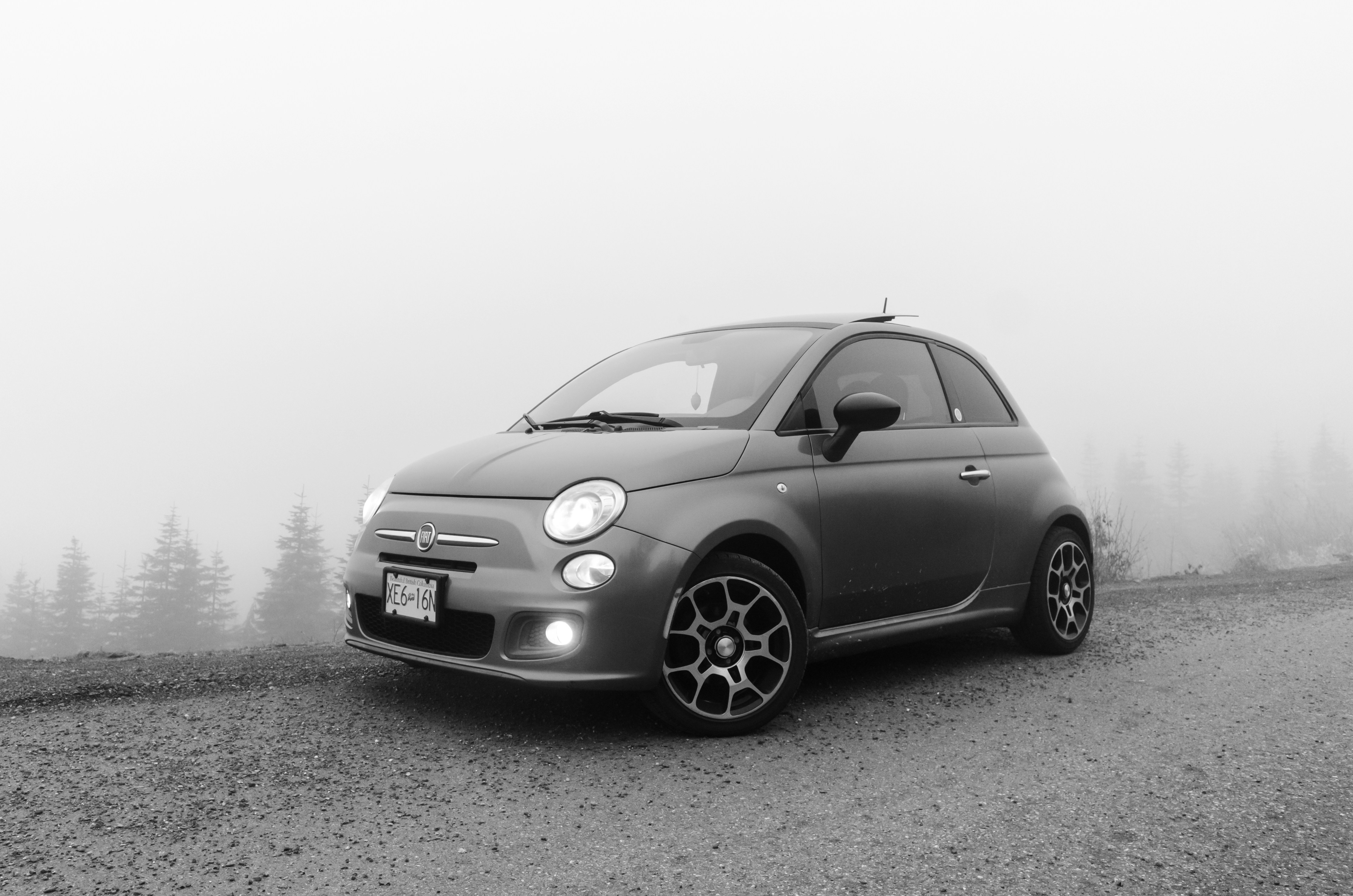 A gray fiat 500 parked on a foggy road.