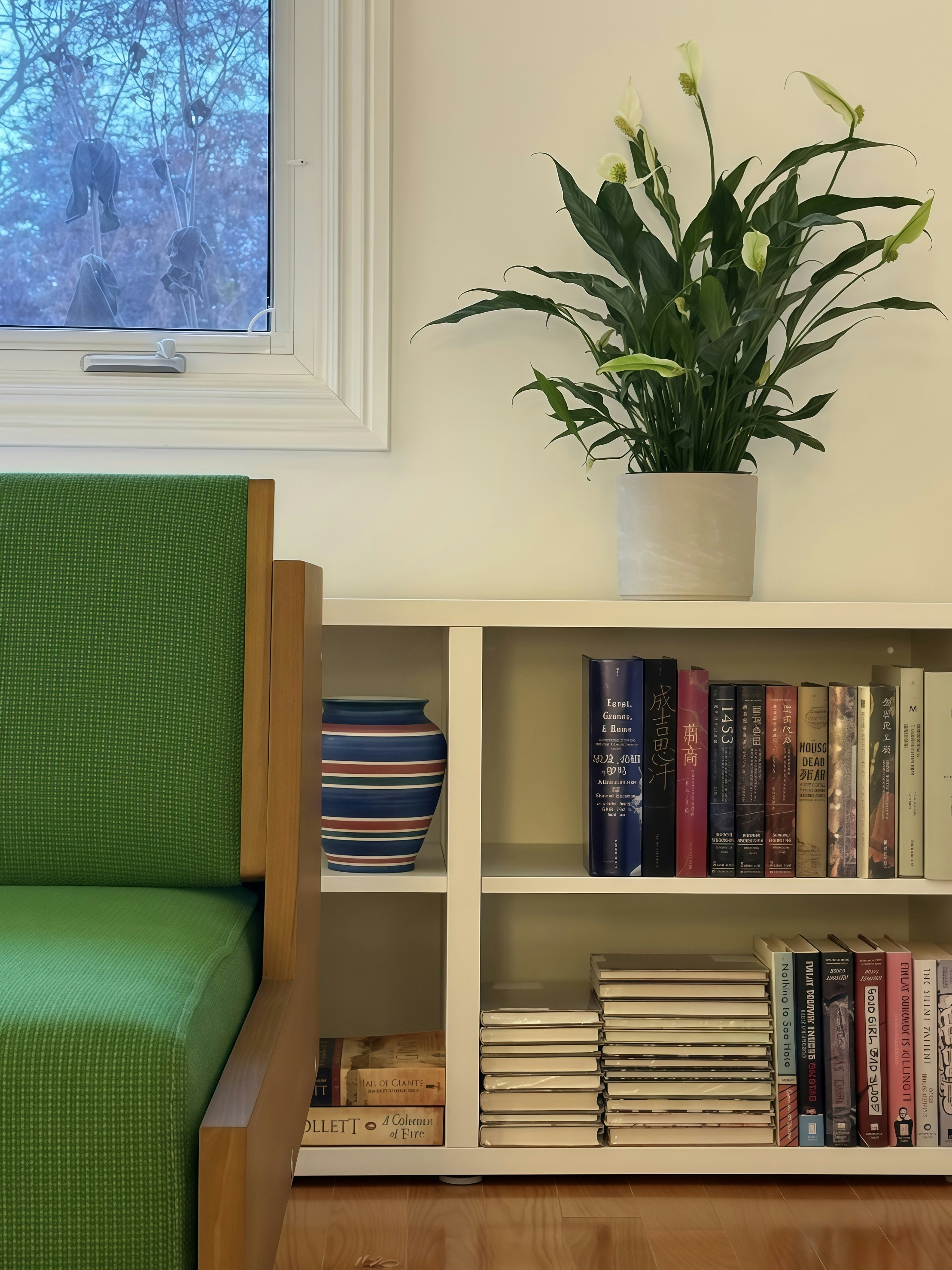 Estante com plantas, vaso e livros