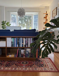 Living room with bookshelf, plants, and bay window